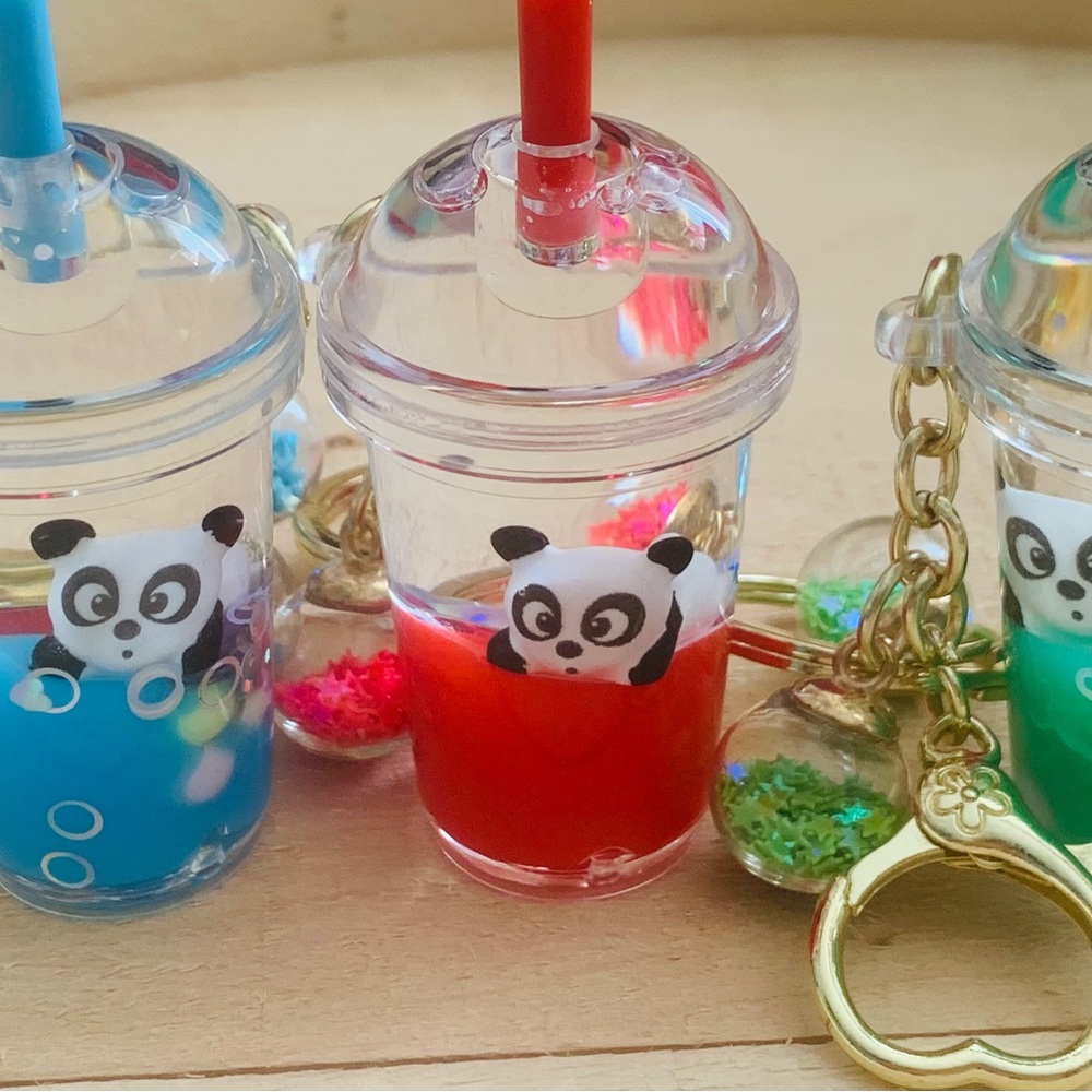Cute Panda Keychain with Colorful Liquid/ boba with glitter keychain